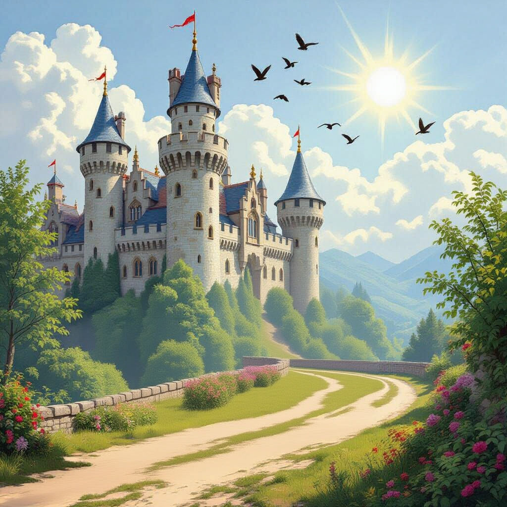 Antique Castle with Carriage and Birds Illustration
