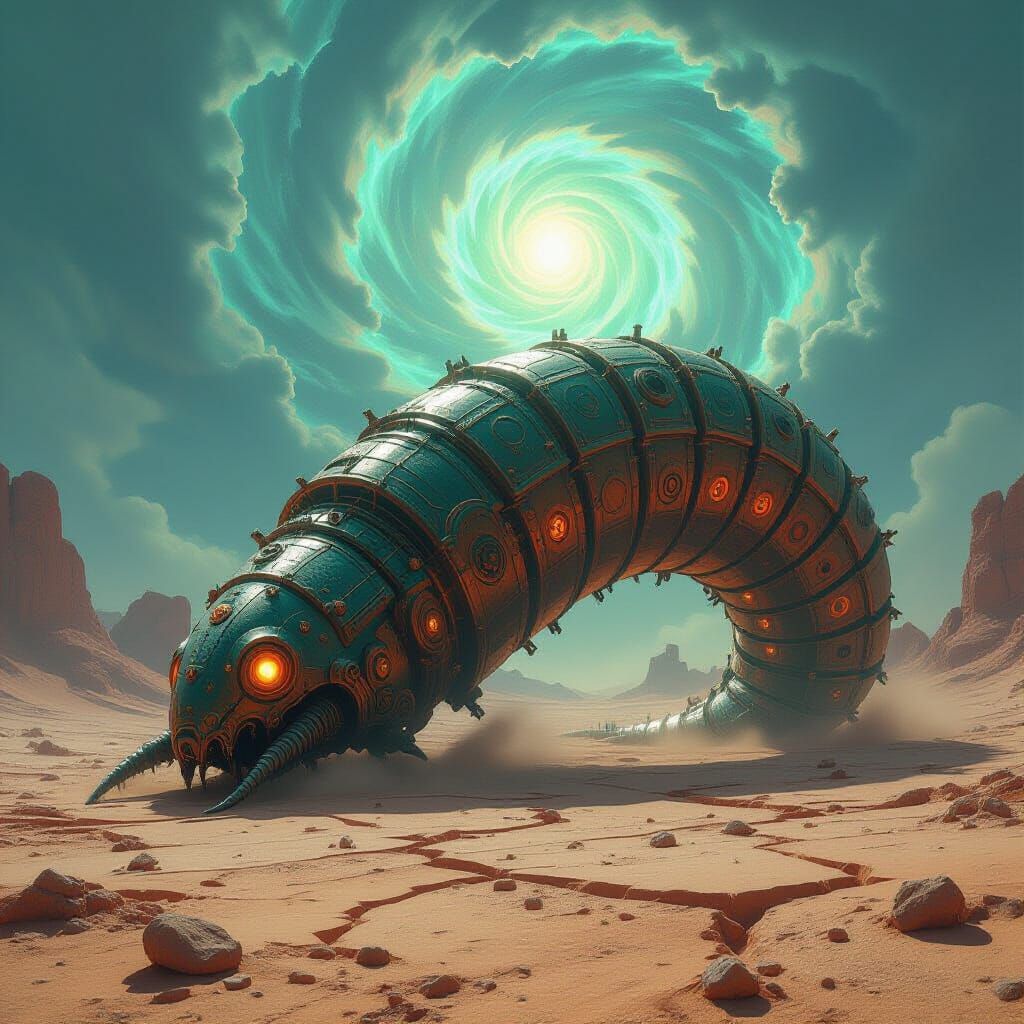 Bio-Mechanical Worm in Alien Desert with Vortex Sky