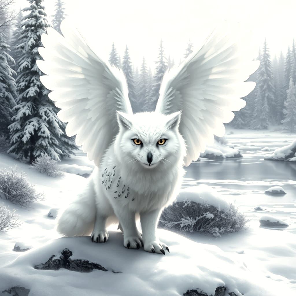 Winter's Silent Sentinel: Arctic Fox Owl Hybrid Spreads Wing...