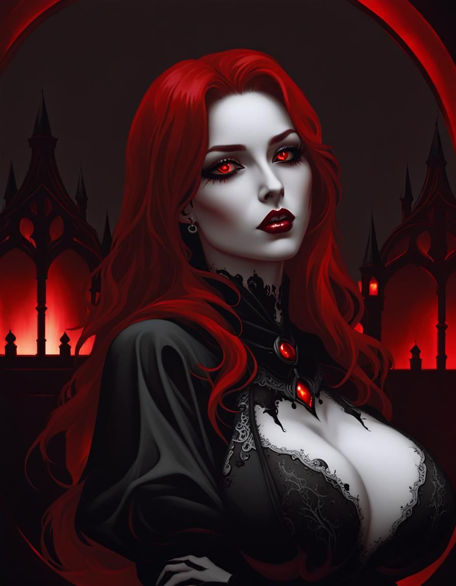 Redhead Vampire in Gothic Castle with Red Lighting