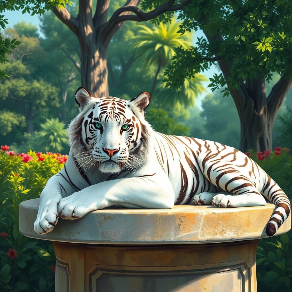 Surreal White Tiger in a Lush Park Scene