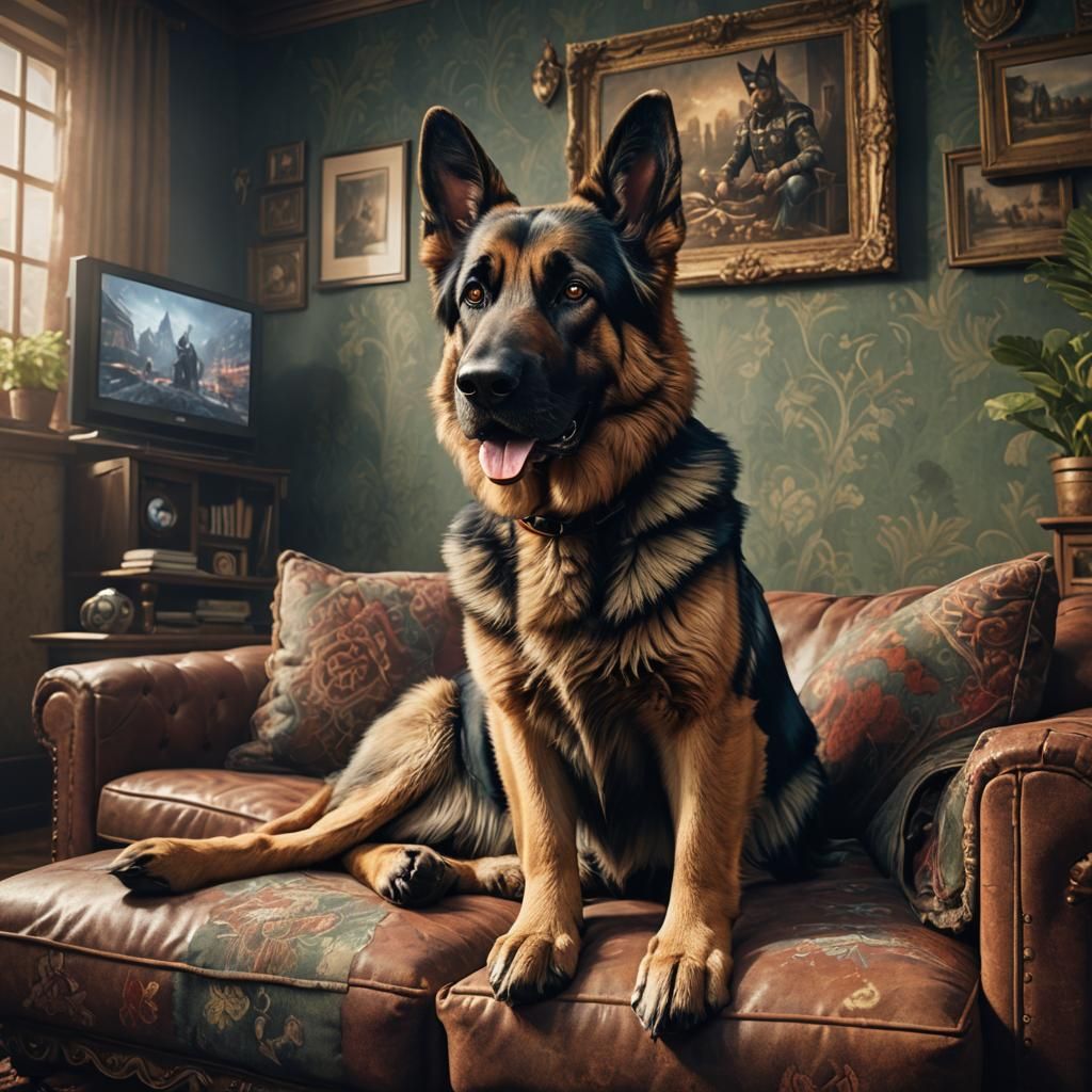 German Shepherd Watching TV: Detailed Matte Painting