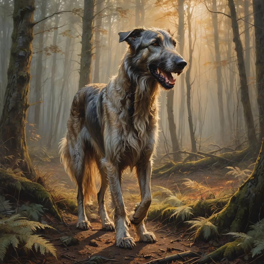 Mighty Wolfhound in Mystical Forest: Oil Painting