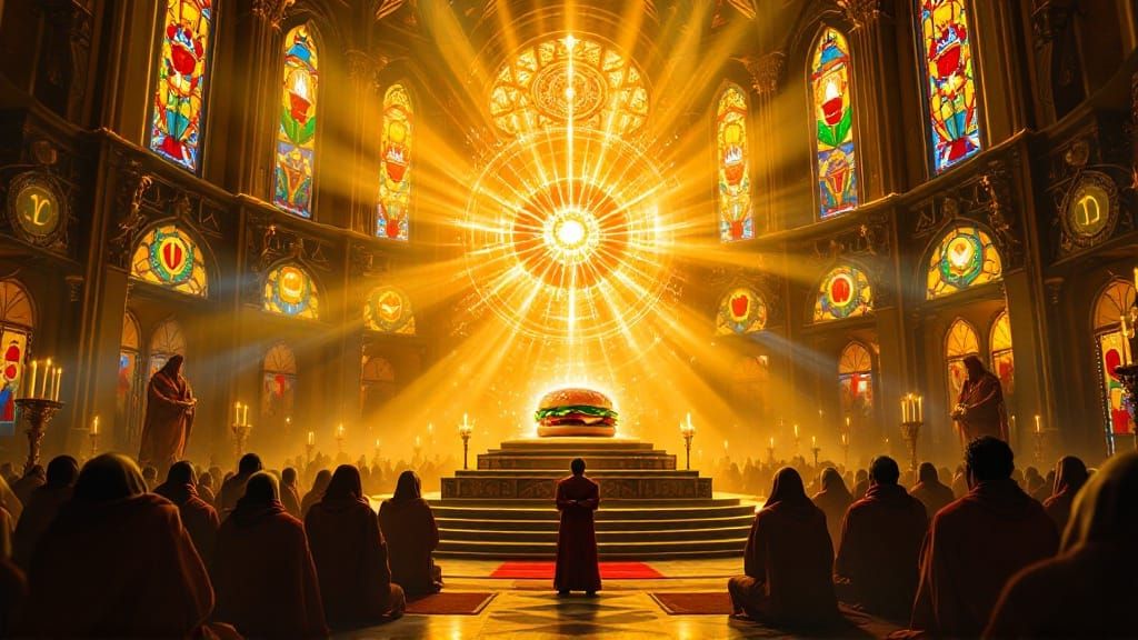 Divine Double Cheeseburger Idolized in a Surreal Temple Scen...