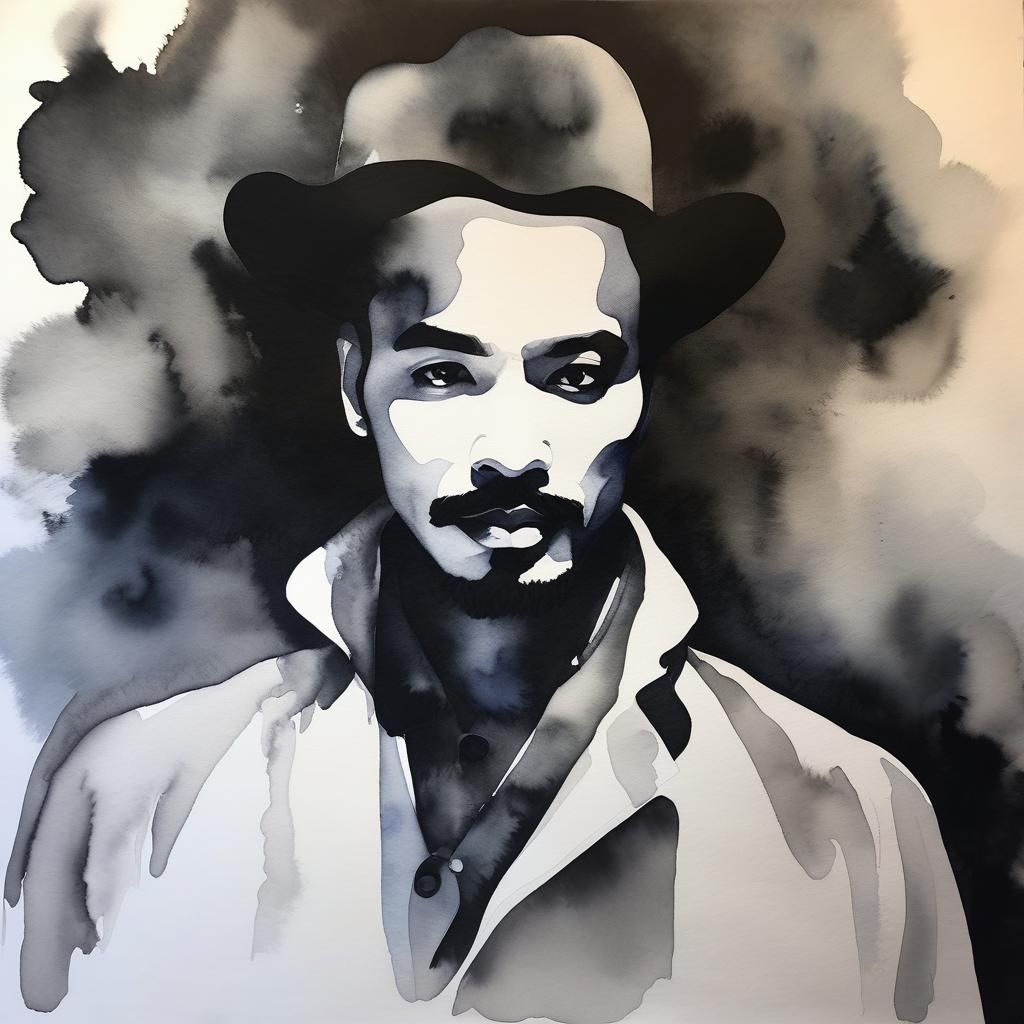 Intricate Black and White Watercolor of a Man