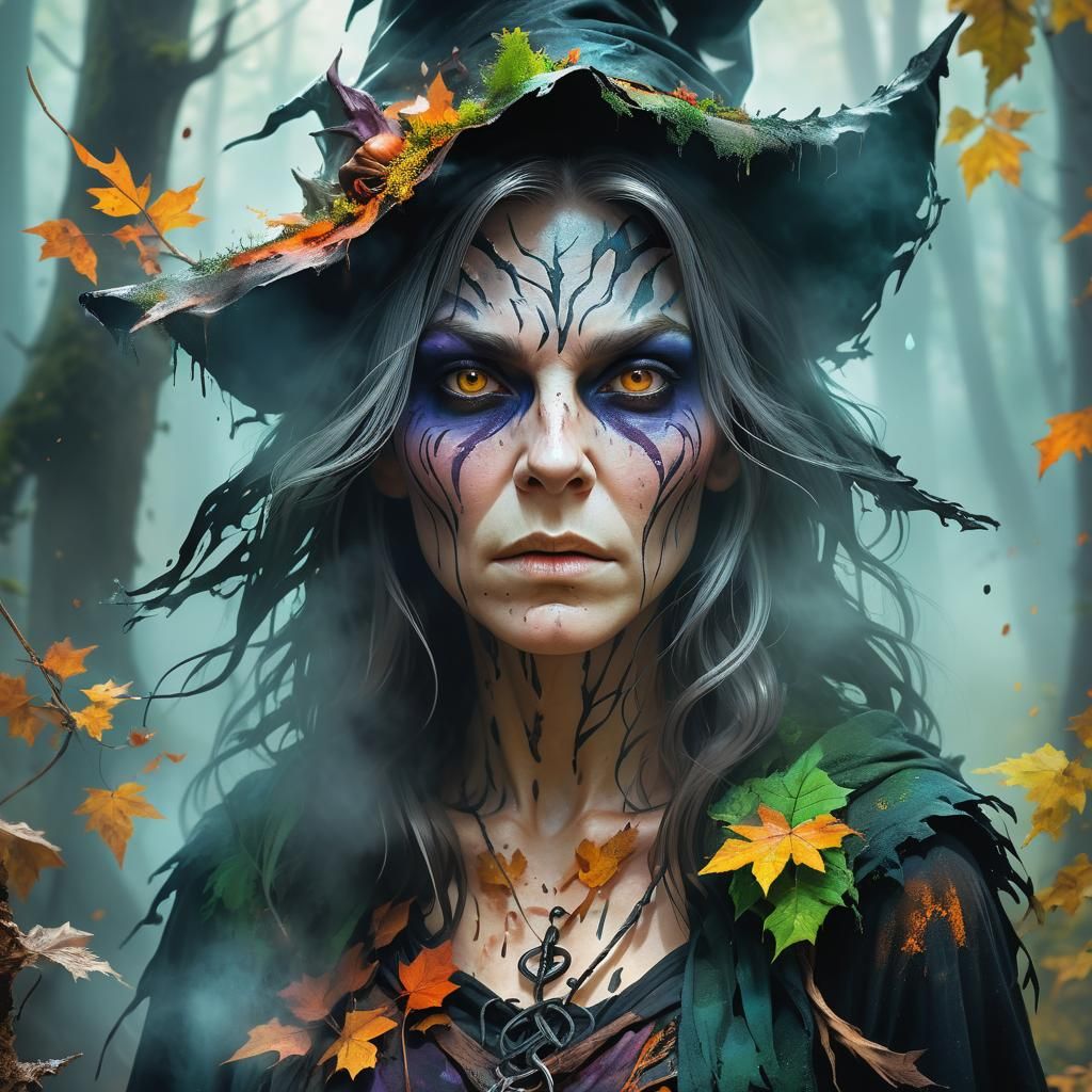 Detailed Forest Witch Portrait in Mist