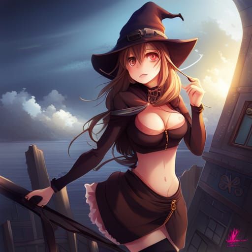 Cute Curvy Witch Girl in Anime Style
