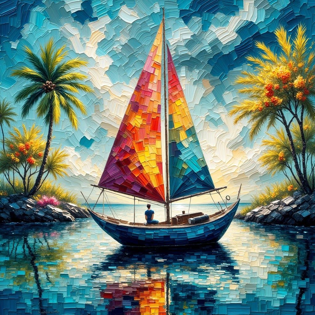 Sailboat with Tornado in Impasto Painting Style