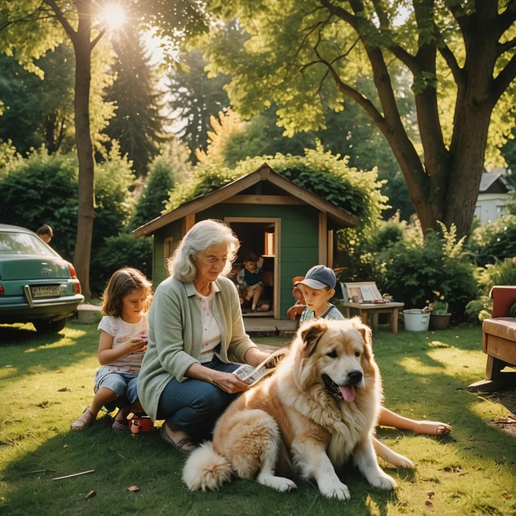 Joyful Family Moment in a Lush Green Backyard