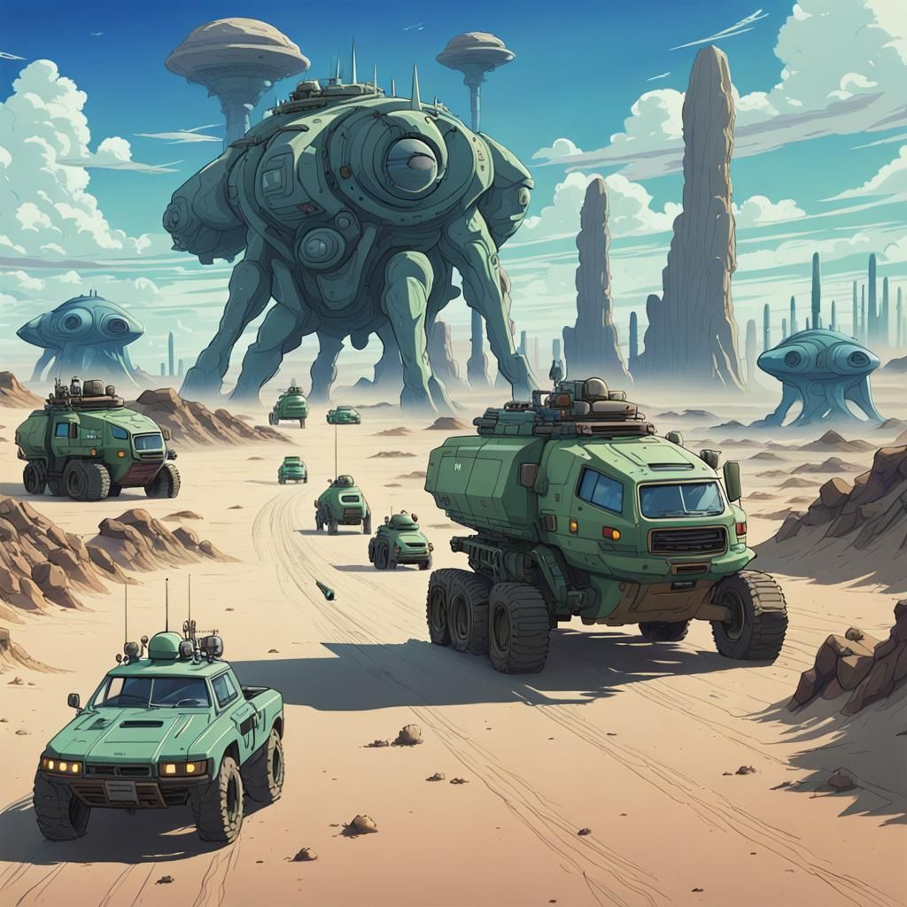Alien Desert Convoy in Studio Ghibli Style