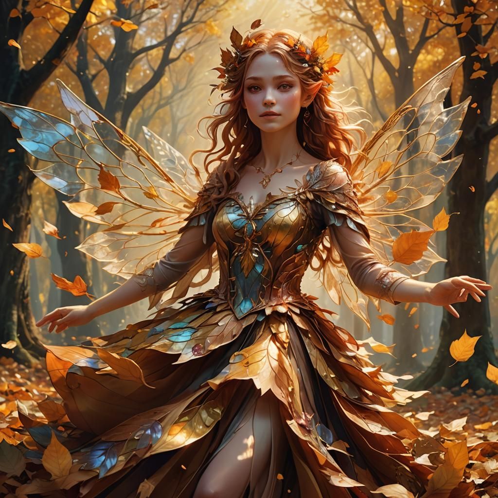 Delicate Autumn Fae in a Whirlwind of Leaves
