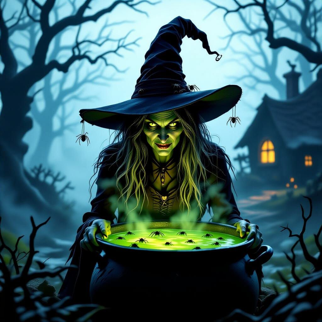 Creepy Witch in Foggy Woods with Bubbling Cauldron