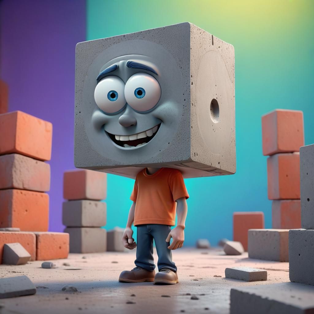 Man with Cement Block Head: Pixar-Style 3D Art
