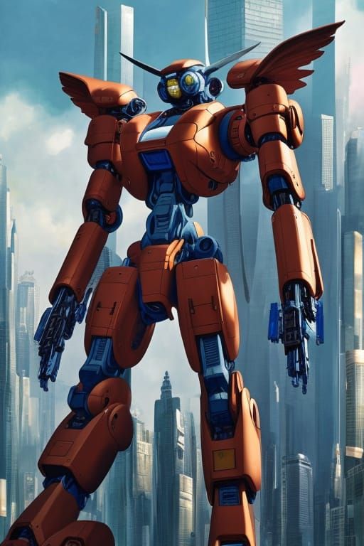 Mecha-Angel in Futuristic Cityscape