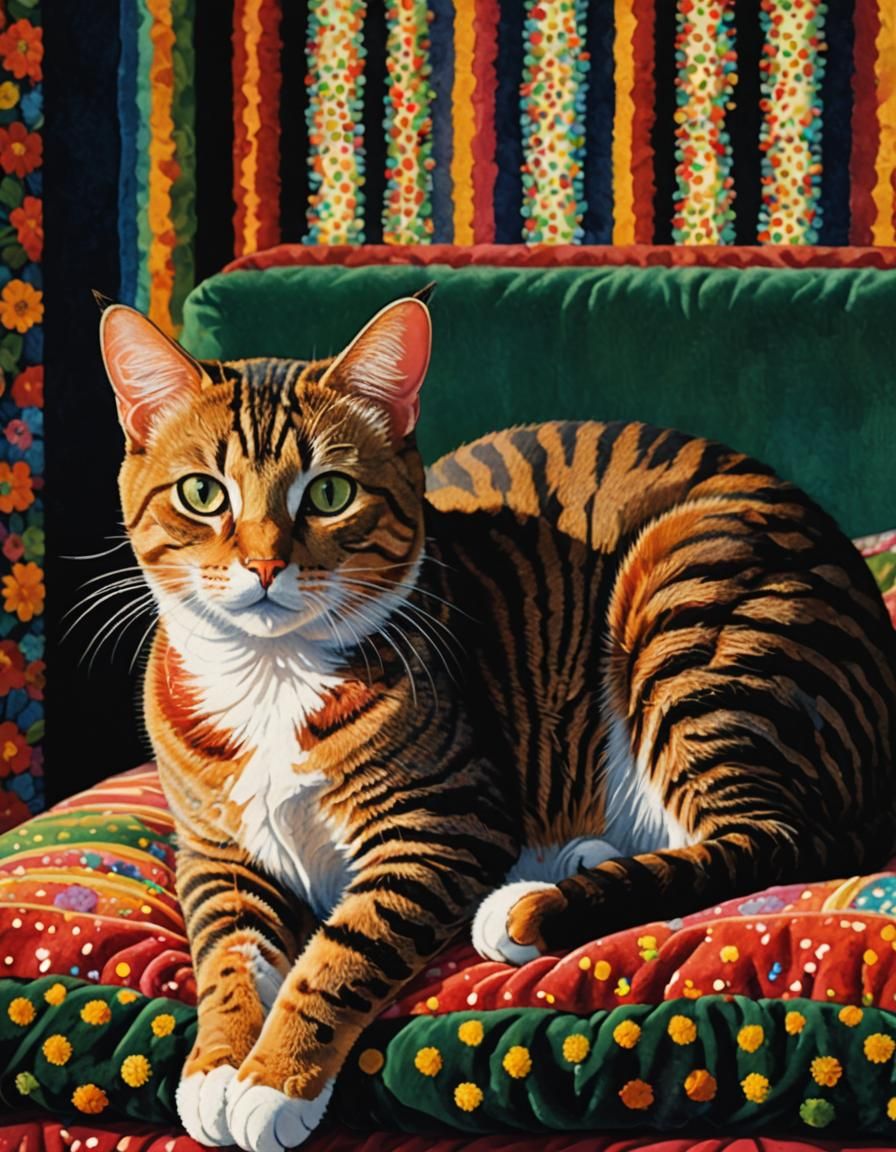 Pointillism style image depicting a cat on bed