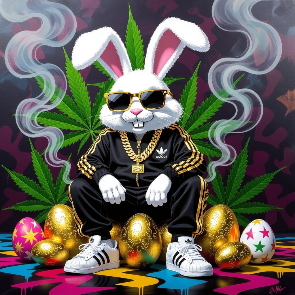 Easter Bunny in Street Art Style with Marijuana Background