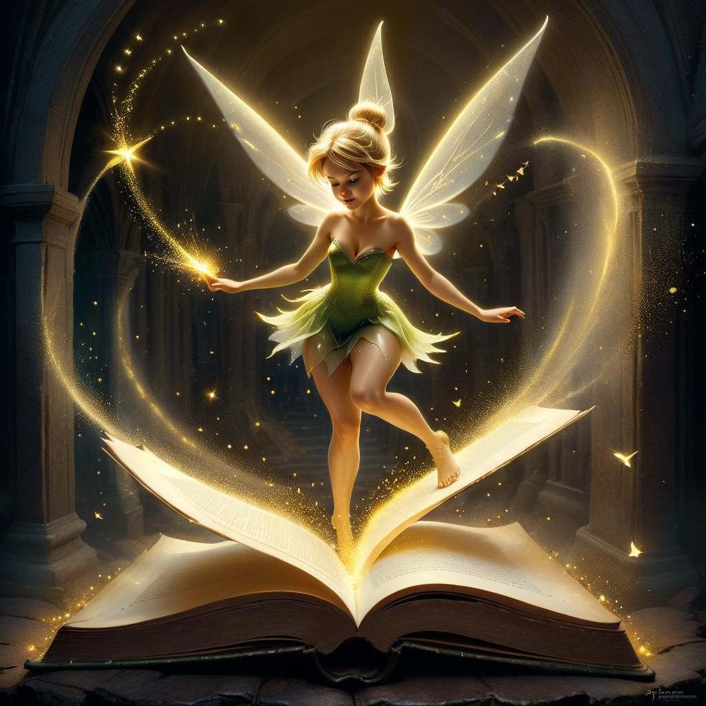 Tinkerbell emerging mid-flight casting pixie dust