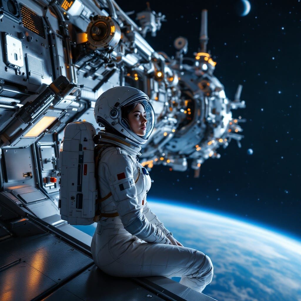 Woman in Spacesuit Outside Orbiting Station