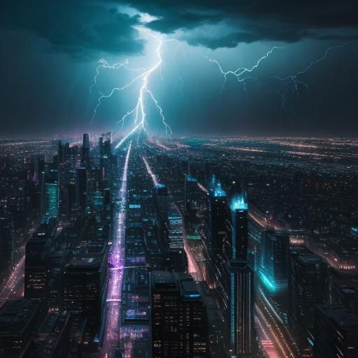 Iridescent Cityscape Lightning Storm Concept Art