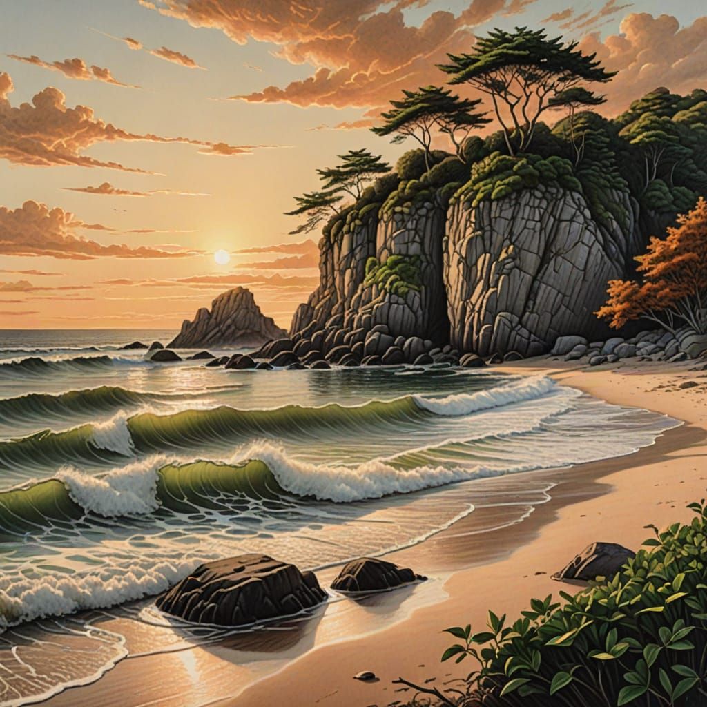 Hyperrealistic Pencil Drawing of Secluded Beach at Sunset