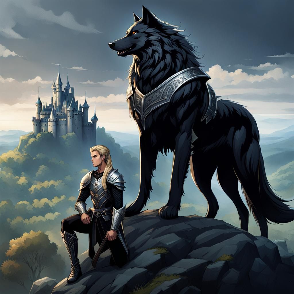Warrior and Wolf Overlook Castle in Silver Armor