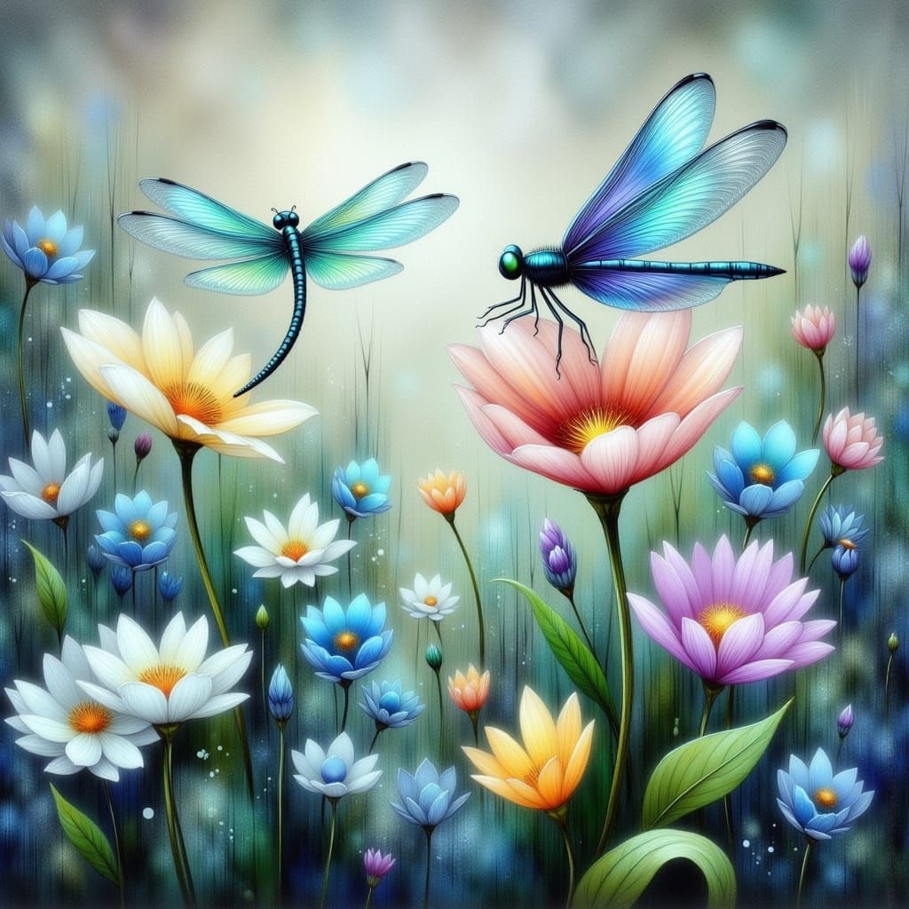 Watercolor Dragonfly in Dreamy Floral Field Illustration