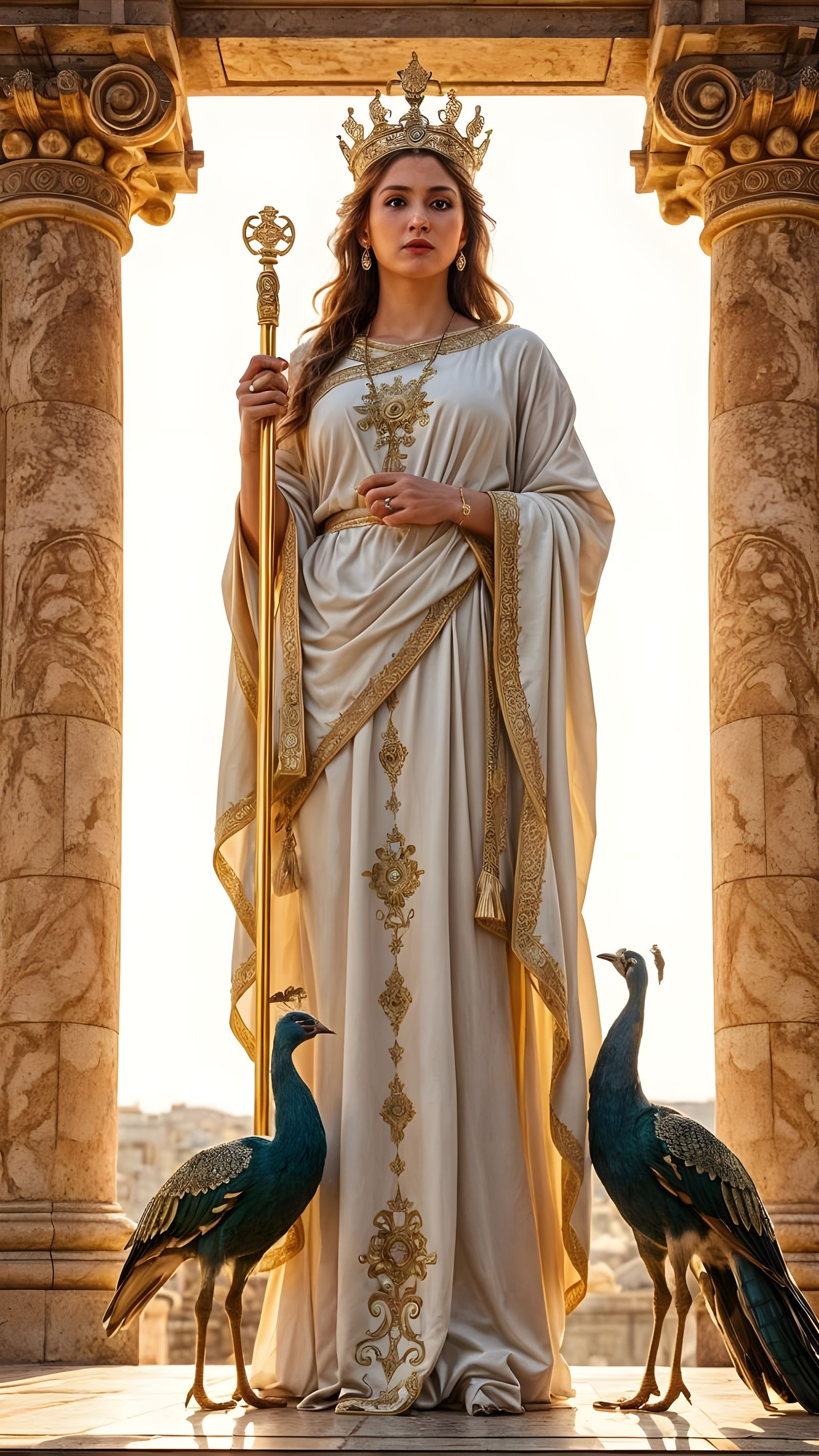 Majestic Roman Goddess Juno with Peacocks