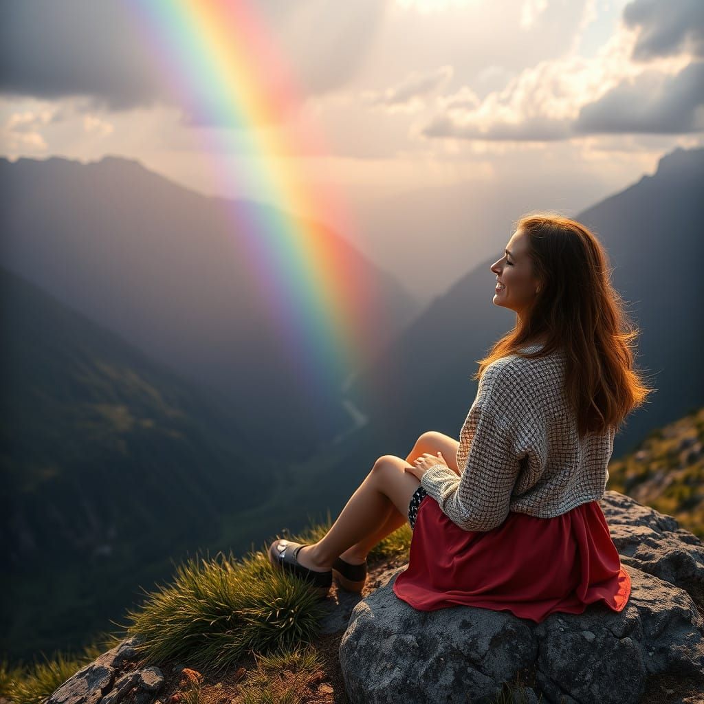 Woman Basks in Radiant Rainbow on Majestic Mountain
