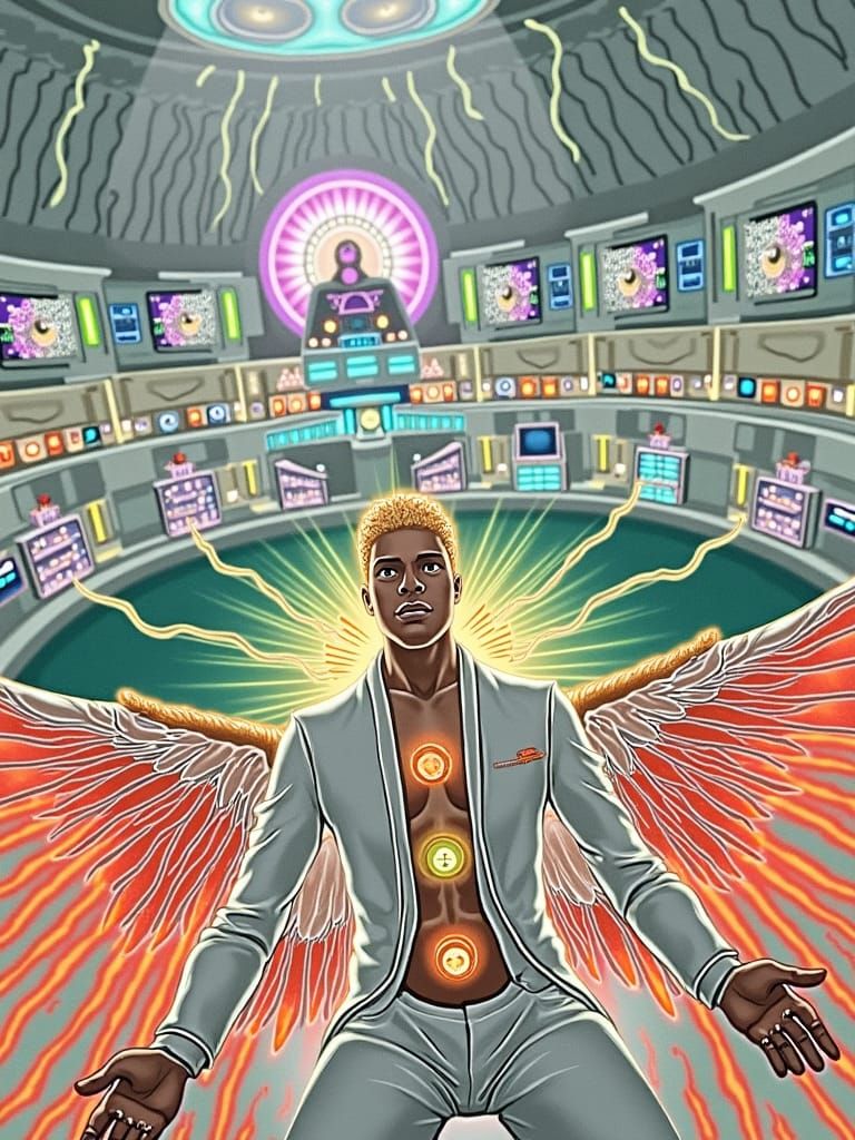 Ethereal Man with Chakras and Wings in Digital Art