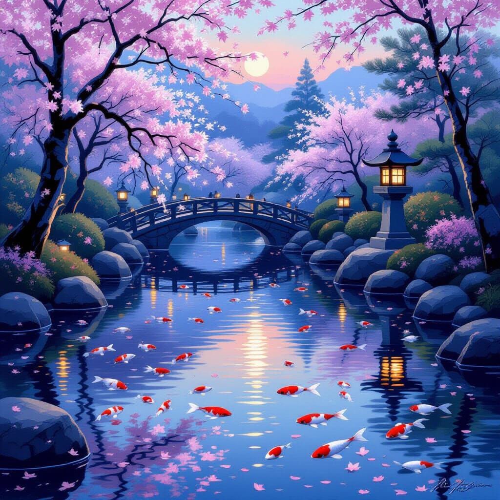 Serene Japanese Garden at Twilight as Impressionist Painting