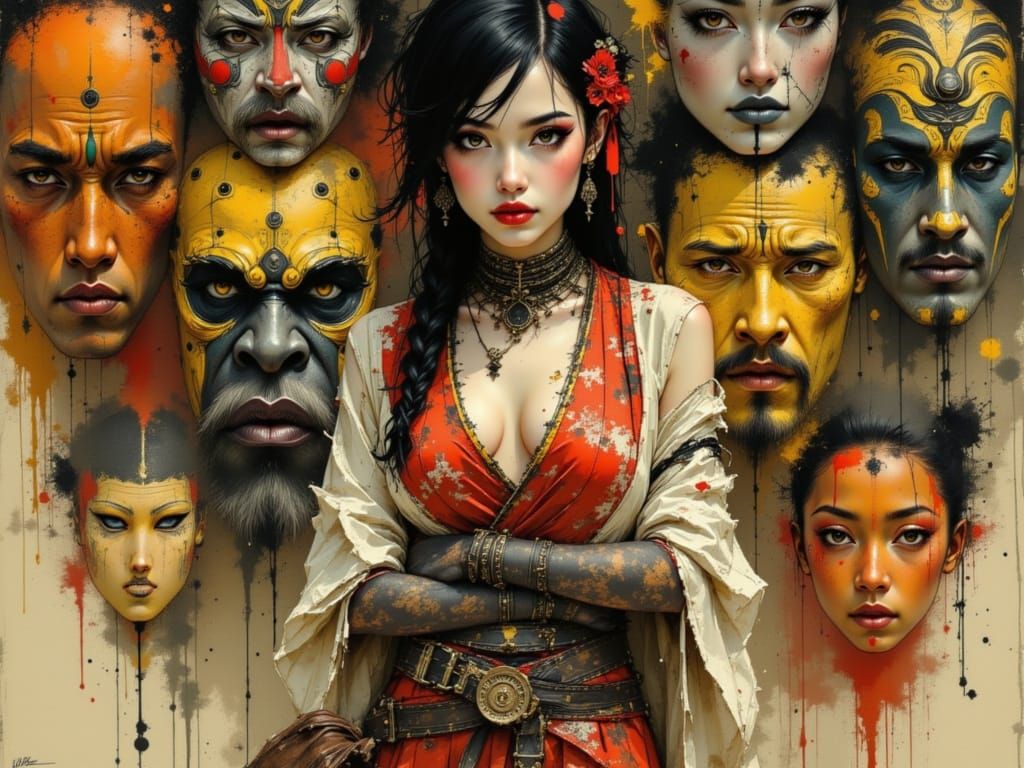 Chiyoko in Ornate Clothing with Kibuki Masks