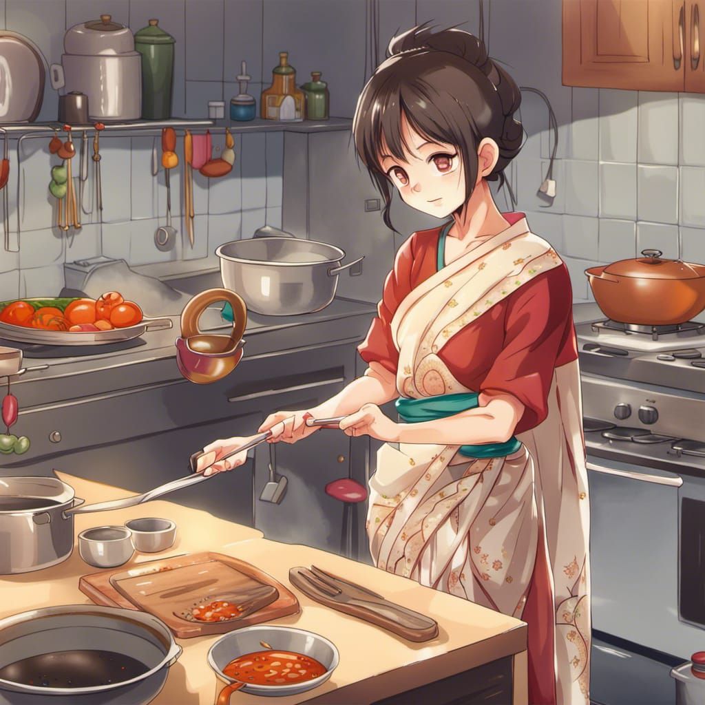 Girl in Saree: Anime-Style Kitchen Scene