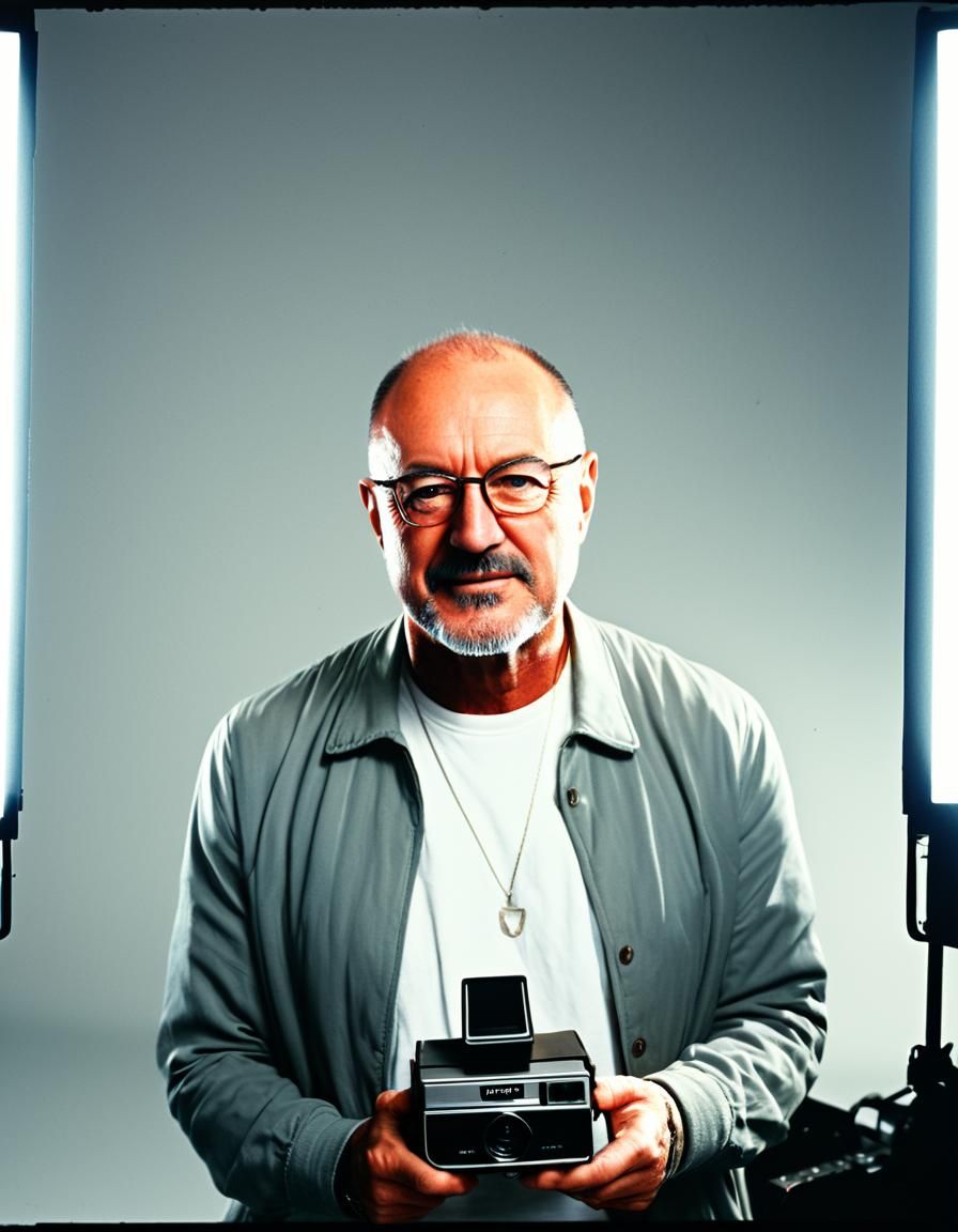 Geeky Artist in Photo Studio with Polaroid Camera