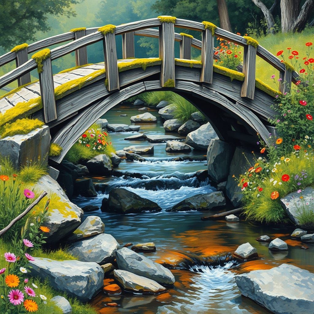 Epic Impressionist Wooded Bridge Landscape in Vibrant Wildfl...