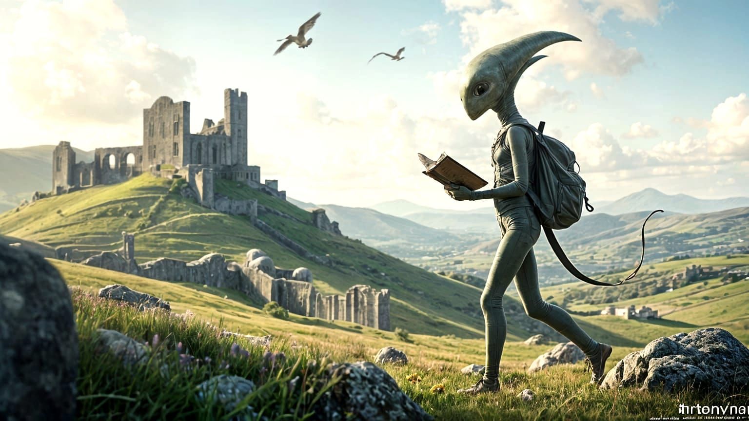 Alien Traveler in Irish Landscape, Reading a Book