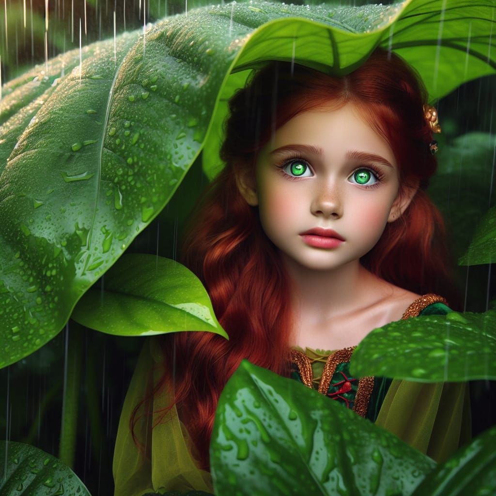 Red-Haired Princess Hiding From Rain in Forest