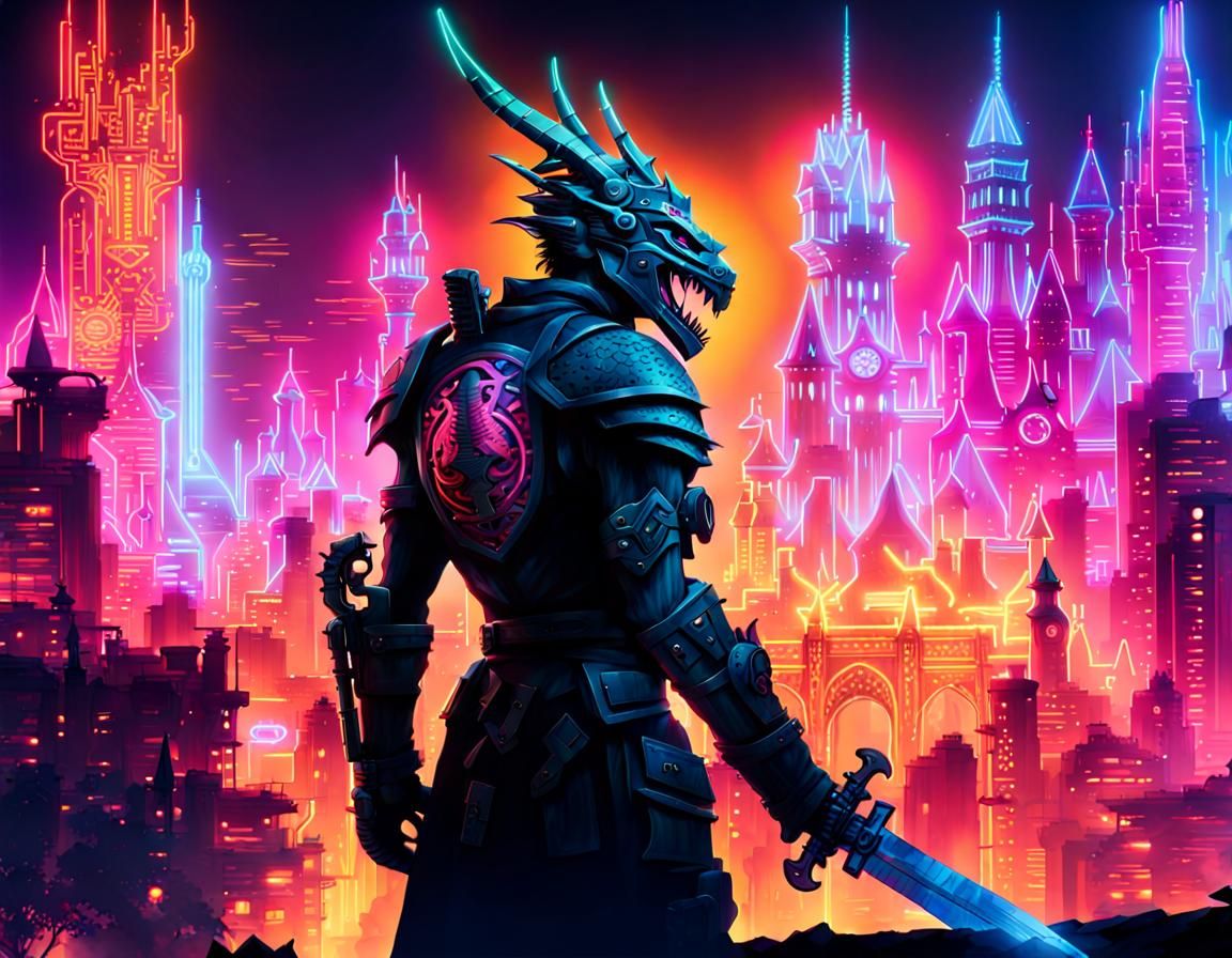 Neon Hacker Cityscape with Mechanical Dragon