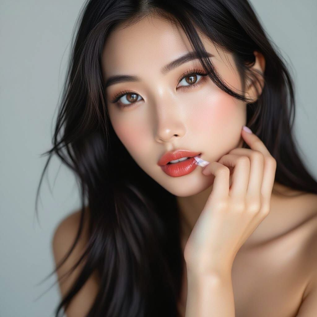 Photo of a young Asian woman, slim body, studio lighting.
- ...