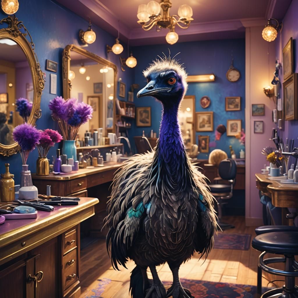 Emu at Whimsical Salon in Art Nouveau Style