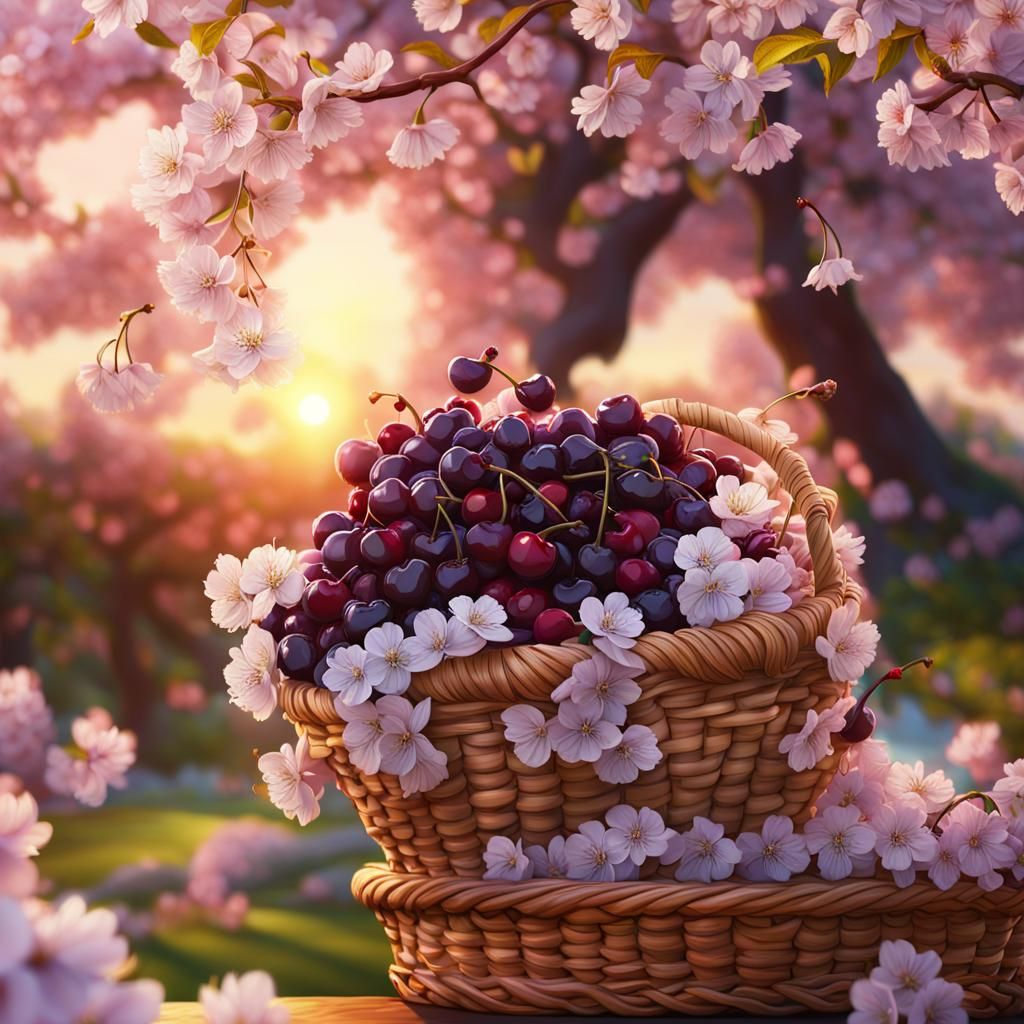 Cherry Basket Under Blossoms: 3D Rendered Landscape