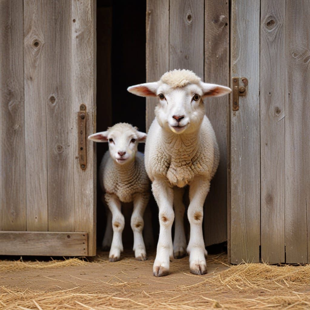 Scared Lamb Hiding Behind Barn Door