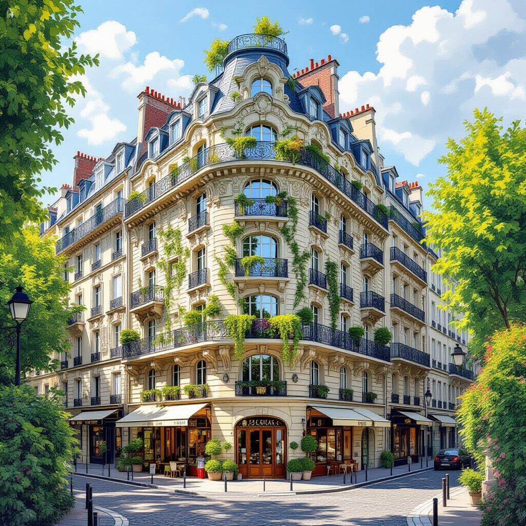 Parisian Architecture with Intricate Details as Oil Painting