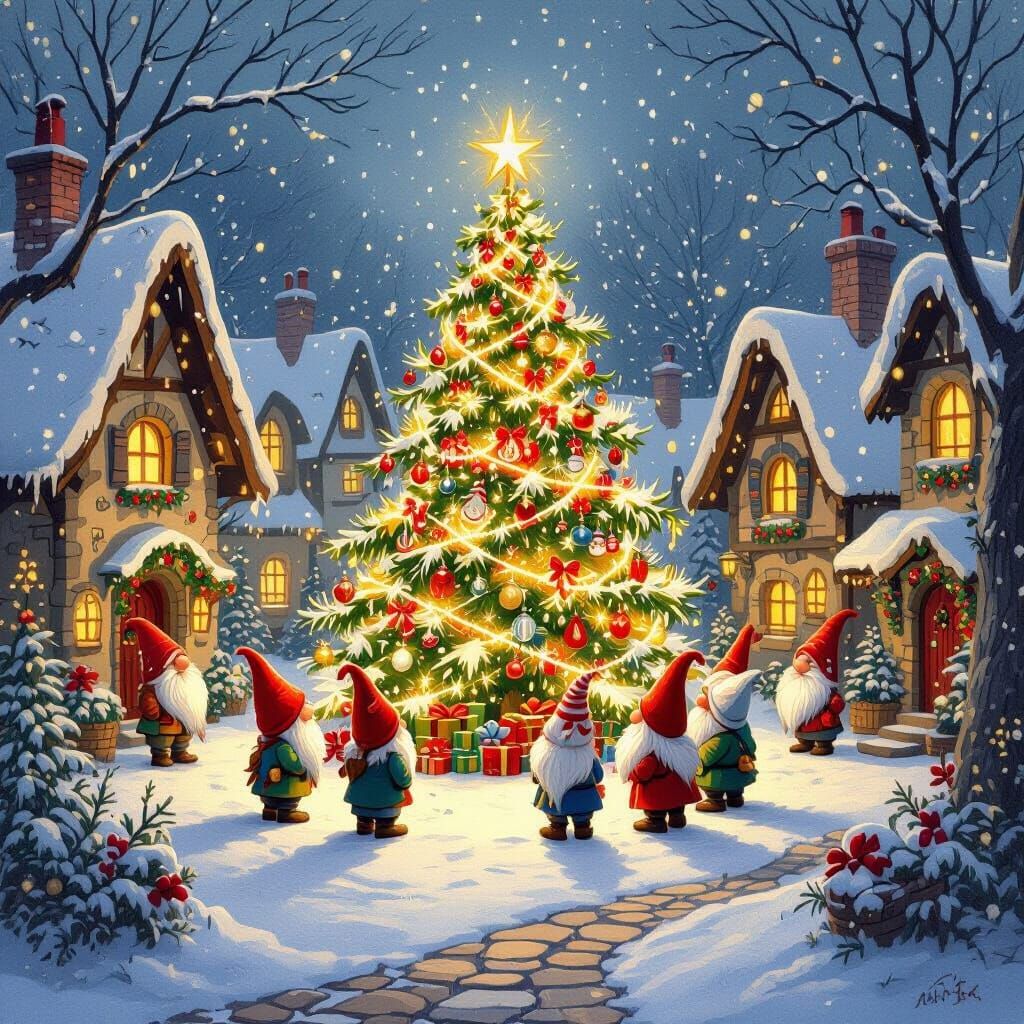 Enchanting Gnome Village Decorated for Christmas in Snow