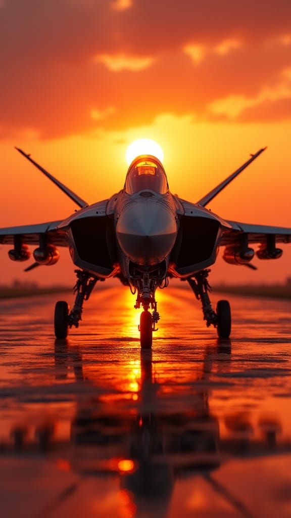 Futuristic Fighter Jet at Fiery Twilight Sunset