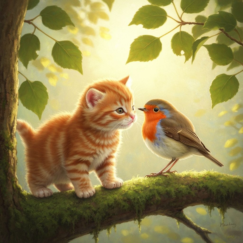 Kitten and Robin Share a Tender Moment in Soft Light