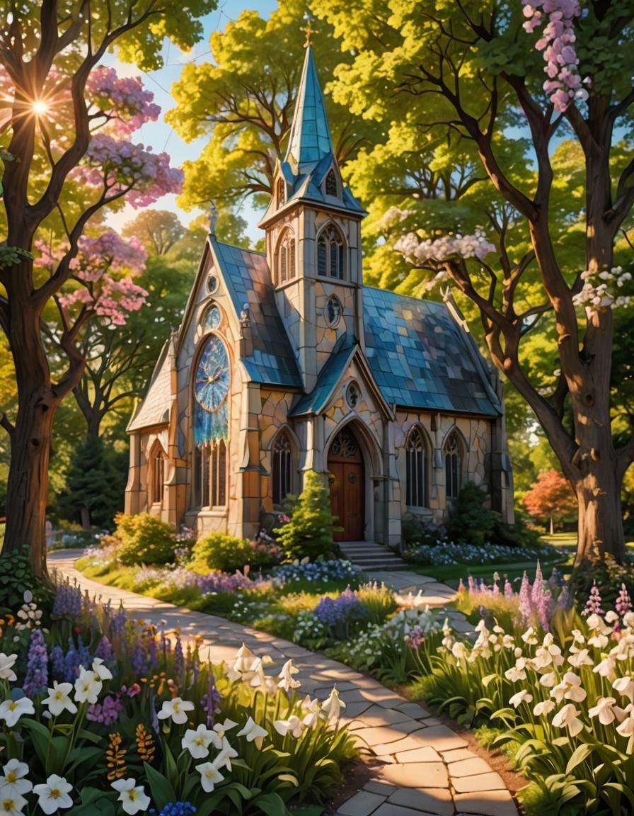 Fantasy Church with Canterbury Bells in Golden Light