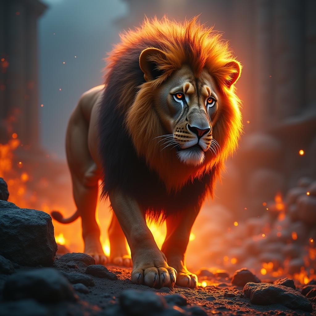Majestic Lion in Smoldering Ruins, Digital Art