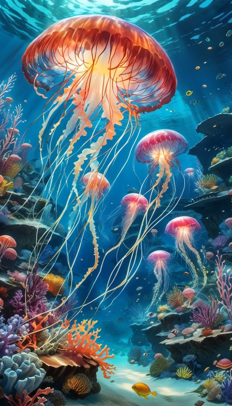 Underwater Cove with Vibrant Jellyfish