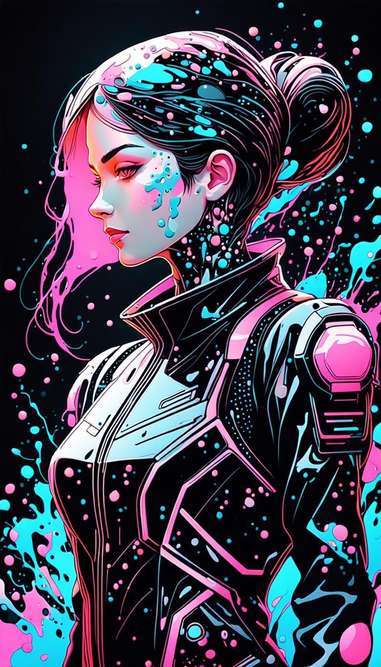 Cyberpunk Woman Portrait with Ink Splatter Effects