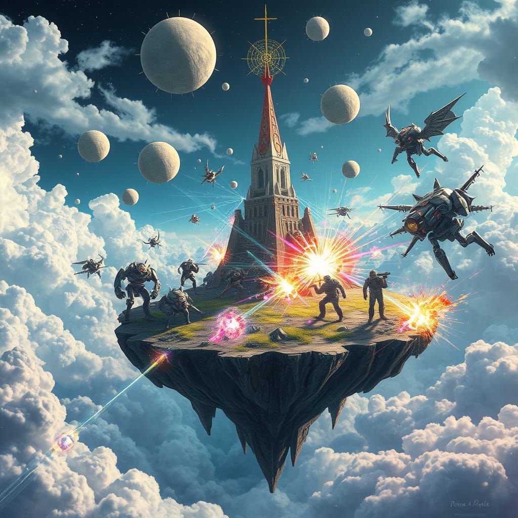 Floating Island Battle Scene in a Psychedelic Style